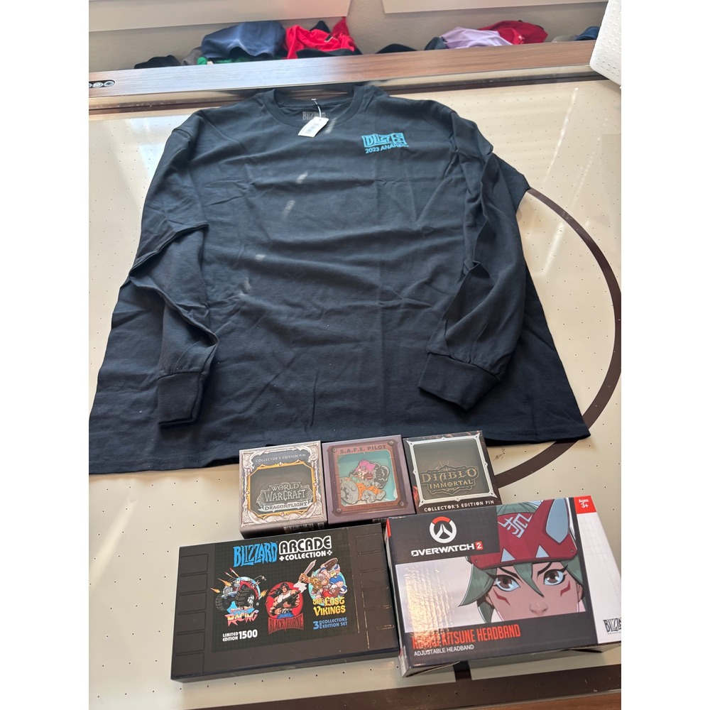 Blizzard 2023 Anaheim Long Sleeve ShirtXL Overwatch 2 Kiriko Headband Pin Bundle